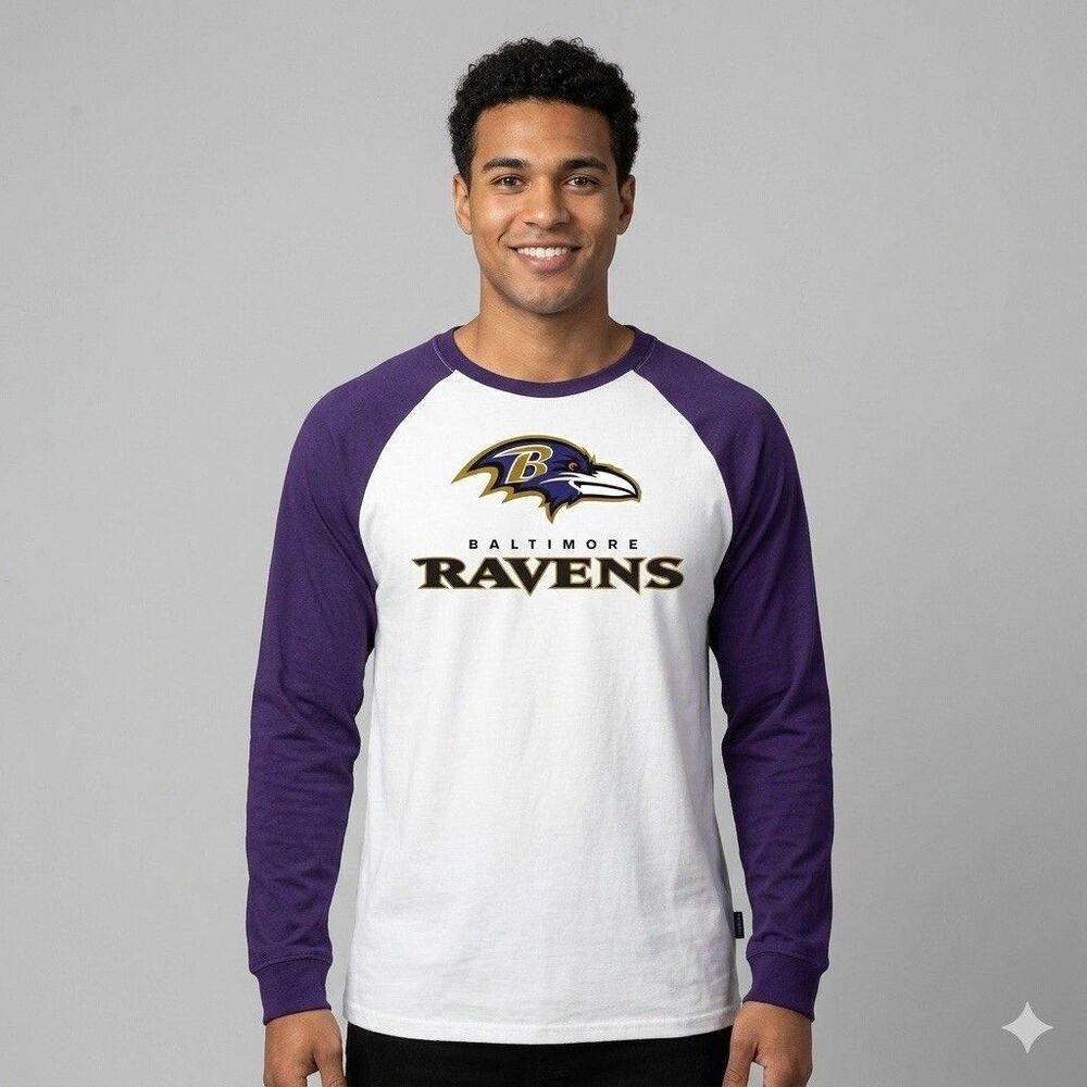 Ultra Game NFL Baltimore Ravens Mens Raglan LS Shirt White/Purple Large NWT